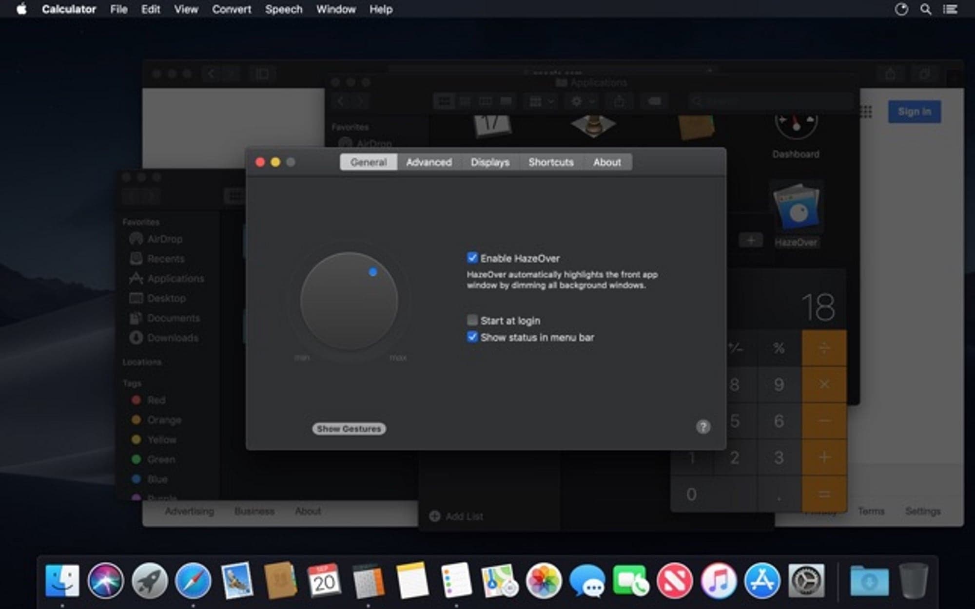 Image presenting preview of the HazeOver MacOS app