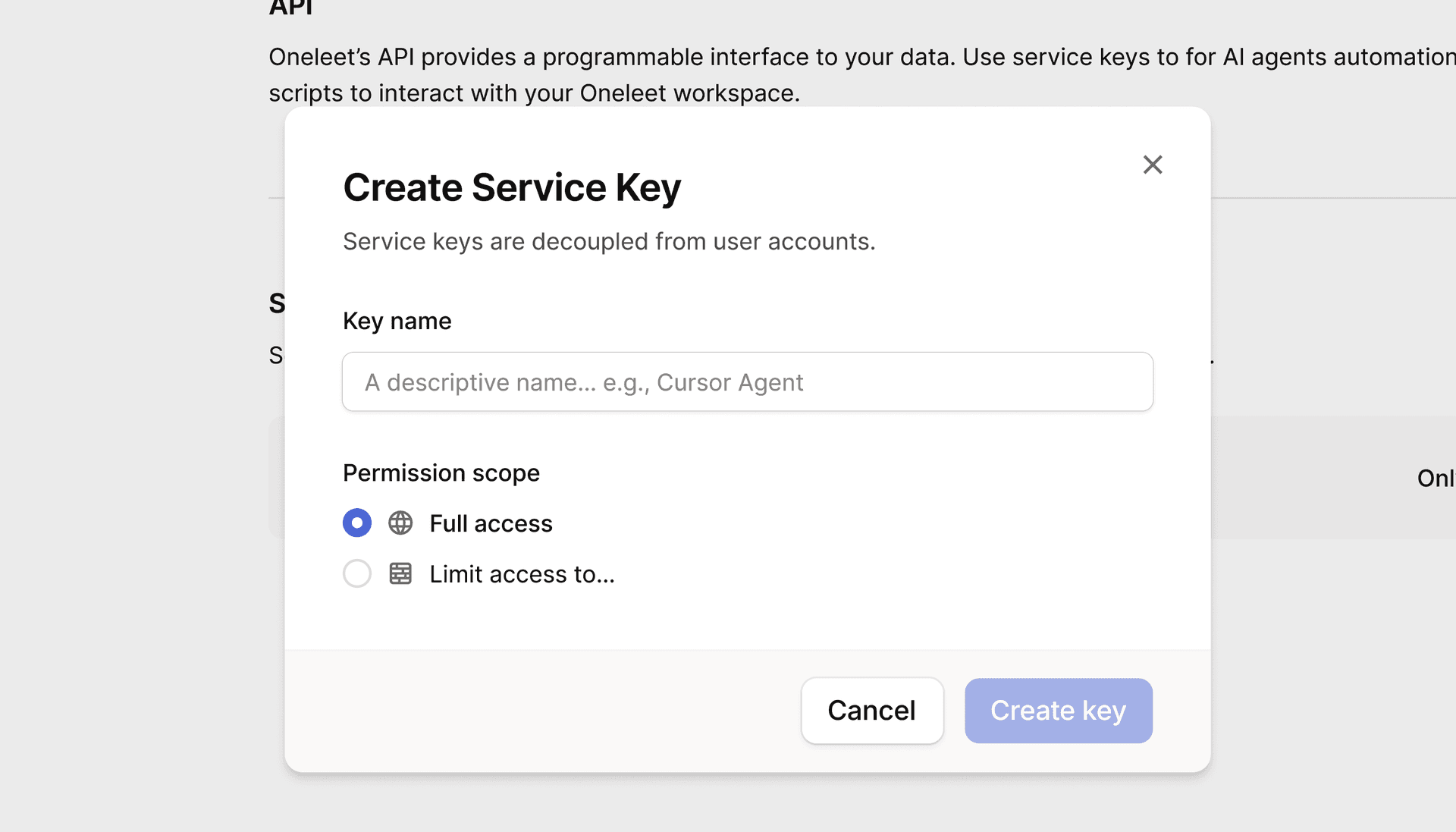 Create Service Key Modal UI