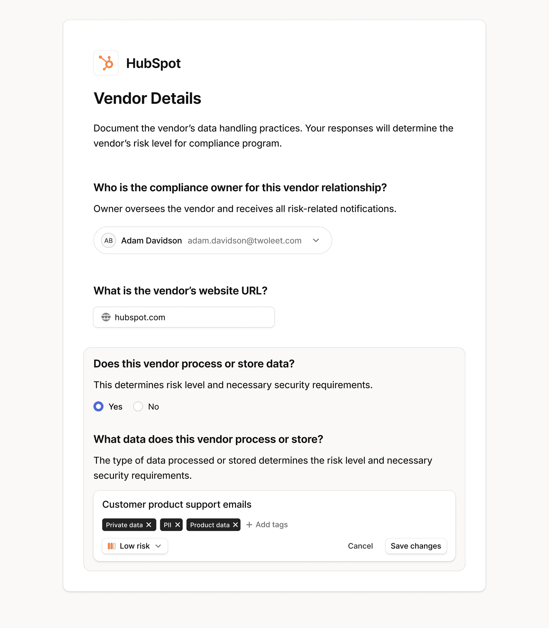 Vendor Compliance Details Form component