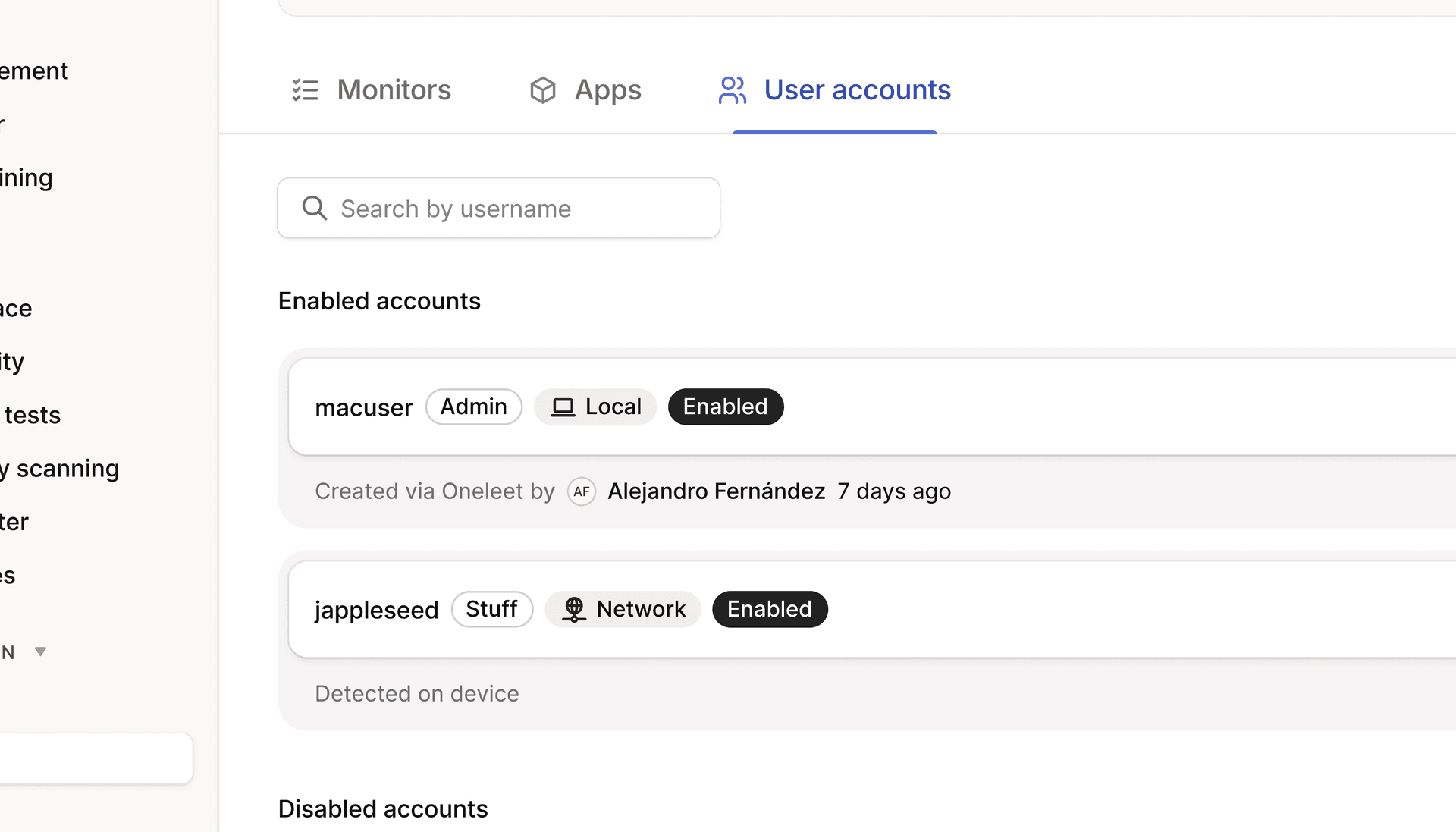 User Accounts Management Interface