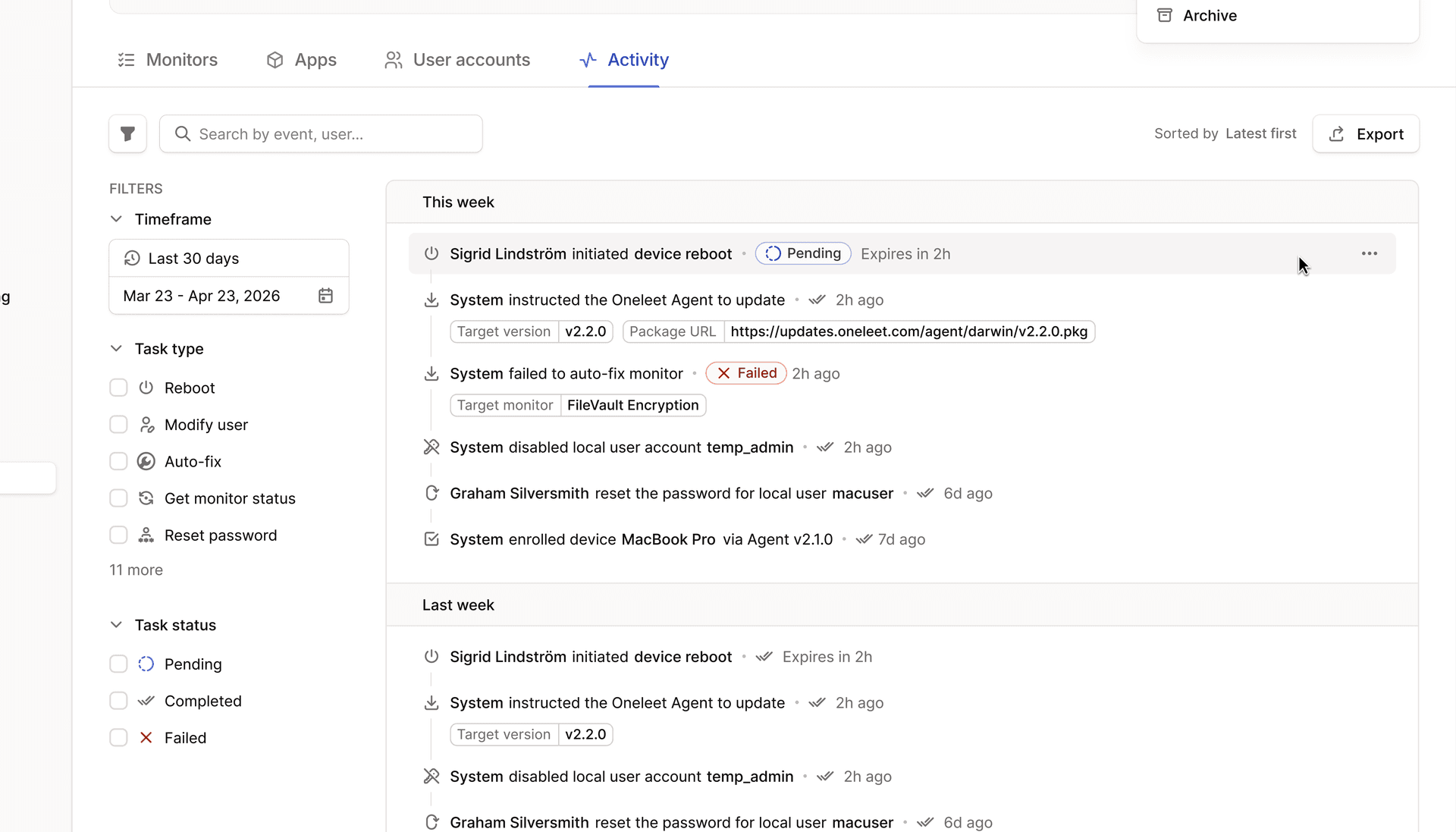 System Activity Log Interface